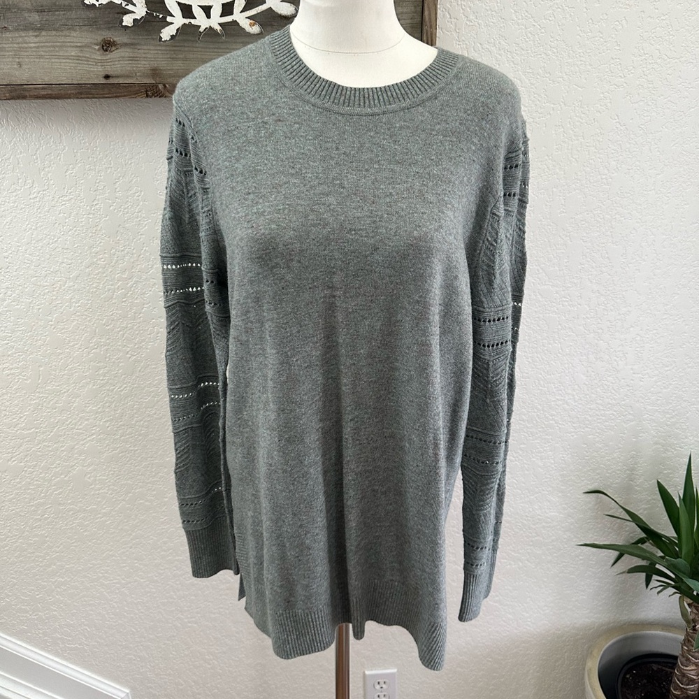 Loft gray green crochet sleeve tunic sweater ladies size L NWT